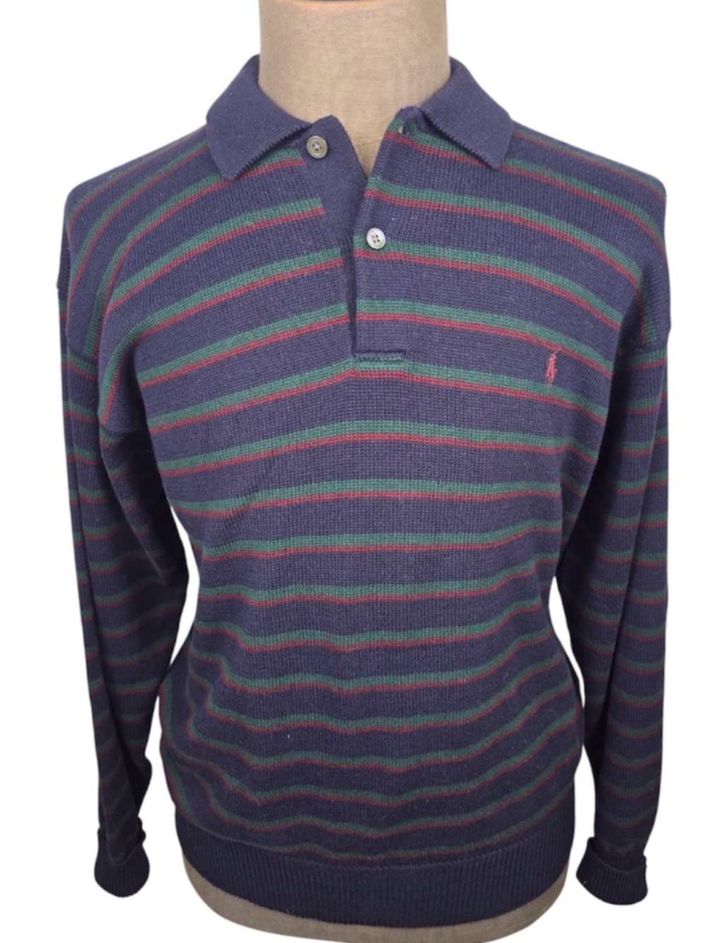 VTG 90s Polo Ralph Lauren Striped Knit Polo Sweater XL Navy Green Red